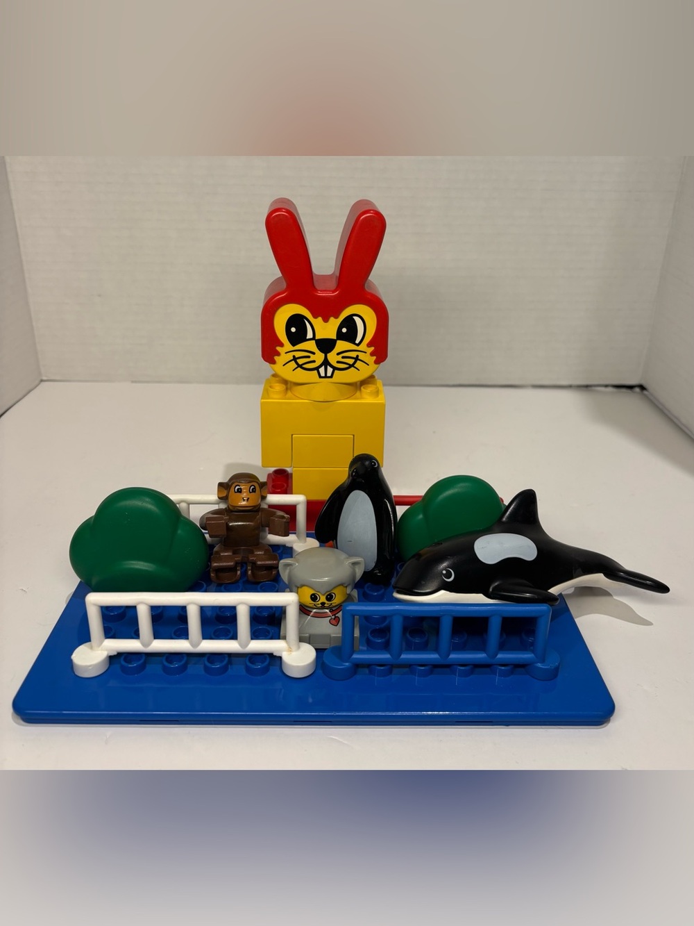 Vintage LEGO DUPLO Animal Lot Orca Whale Penguin Monkey Cat Bunny Zoo Base